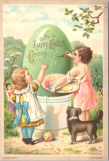 Victorian Card Hildesheimer - Happy Easter Greeting Children Coloring Egg, Dog