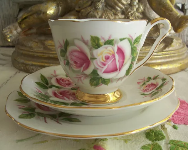 Vintage Queen Anne Tea Trio Madame Butterfly Cup Saucer Plate Shabby Pink Roses