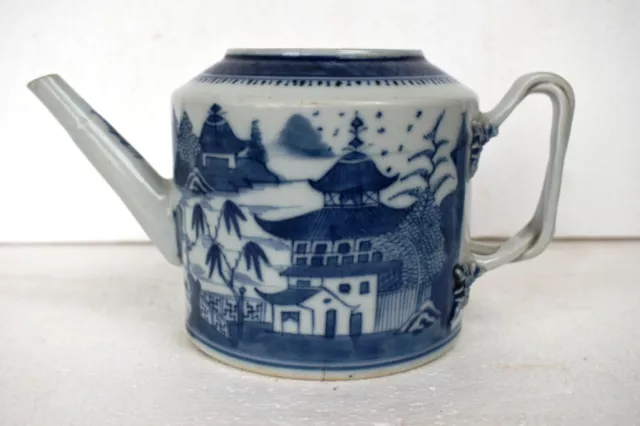 Antique Blue And White Chinese Teapot Long Spout With Hand Painted Scenic Design