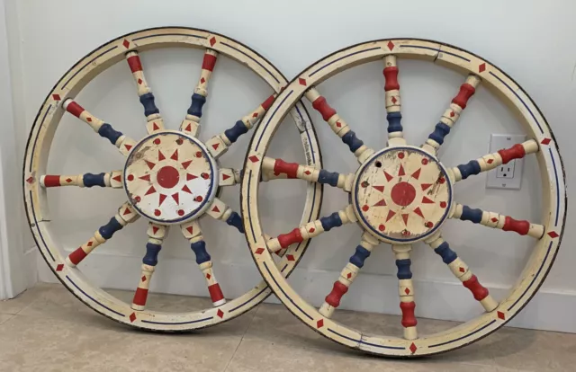 Two 24.5” Antique Circus Wagon Cart Wood Spoke Iron Rim Wheels Blue Red White