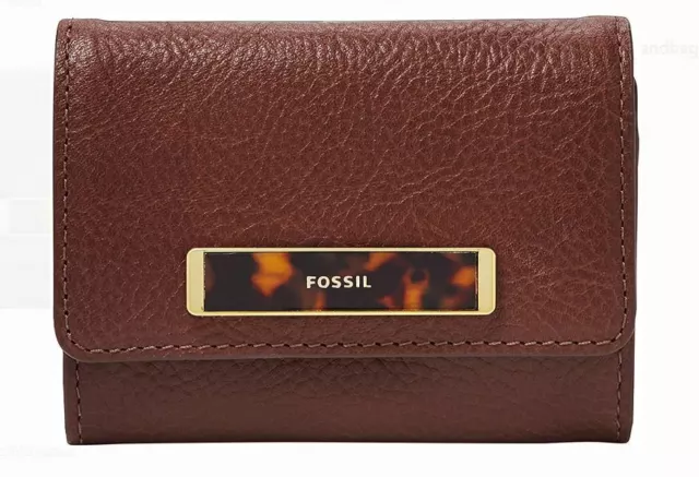 Fossil RFID Blake Small Flap Wallet Henna Brown Brass Tortoise Shell Key-FOB New
