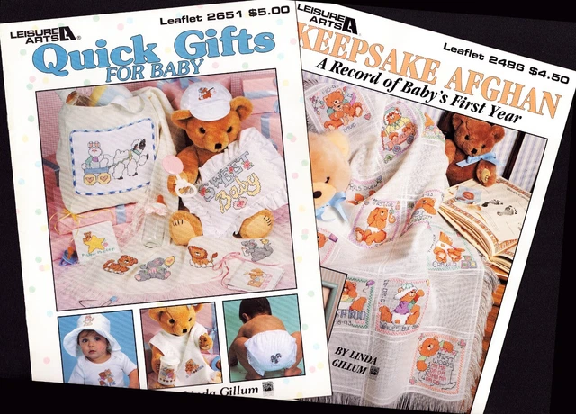 Baby Afghan, Quick Gifts for Baby Counted Cross Stitch Pattern Leaflet Lot of 2