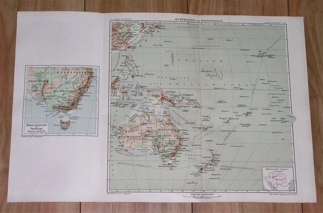 1901 ANTIQUE PHYSICAL Map Of Australia Oceania Pacific German Colonies