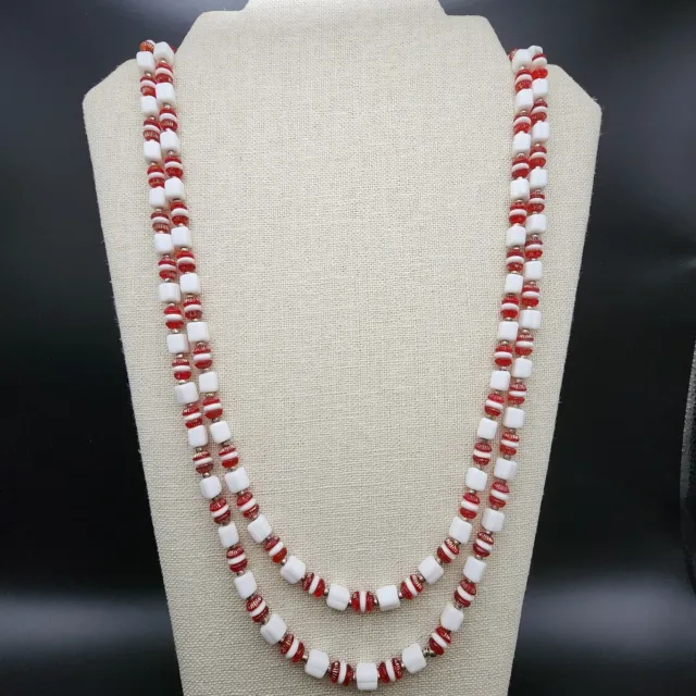 Vtg Art Deco Czech Square Milk Glass Red Beads Flapper Necklace 60" Boho Bama