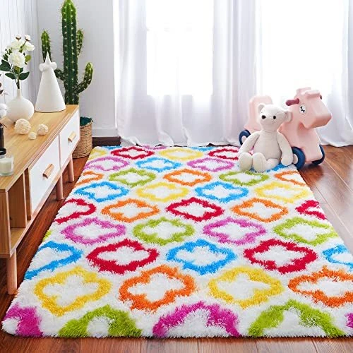 Fluffy Colorful Rug for Kids, Shaggy Soft Area Rugs for 4 x 6 Feet Rainbow