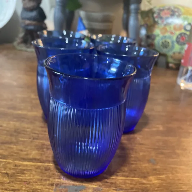 Set of 5 Hazel Atlas FINE RIB COBALT BLUE 4" WATER TUMBLERS or BAR GLASSES