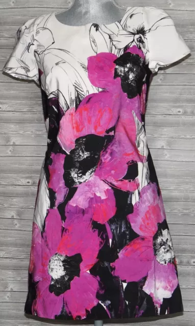 Milly Short Sleeve A-Line White Black & Fuchsia Floral Pattern Dress Size 8 EUC