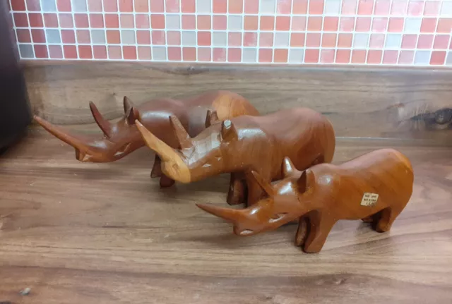 Three Hand Carved Solid Wooden Rhinoceros / Rhinos  Safari Animal