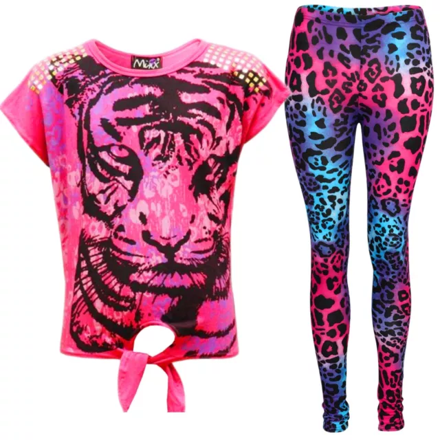 New Girls Tiger Face Print Party Fashion Top T Shirt & Leopard Legging Set 7-13