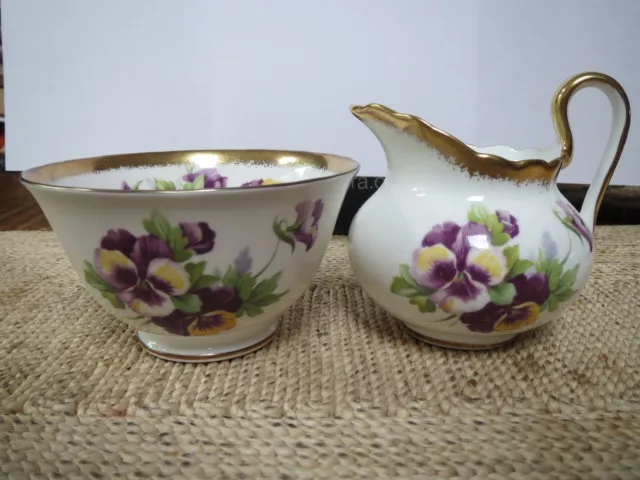 Royal Chelsea Creamer and Open Sugar Bowl - Pansies Pattern - Lots of Gold Trim