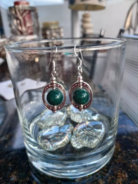 Lovely Teal Marble Marshan Jade  Ornate Frame Earrings. Sterling Silver Hooks.