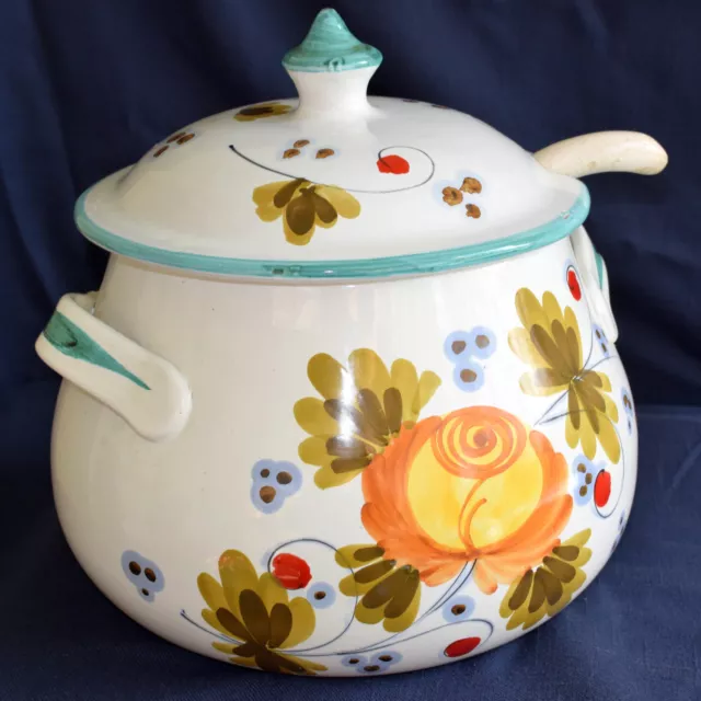 Vtg Italian Art Pottery 3 Pc. Soup Tureen Lid Ladle Hand Painted Majolica Floral