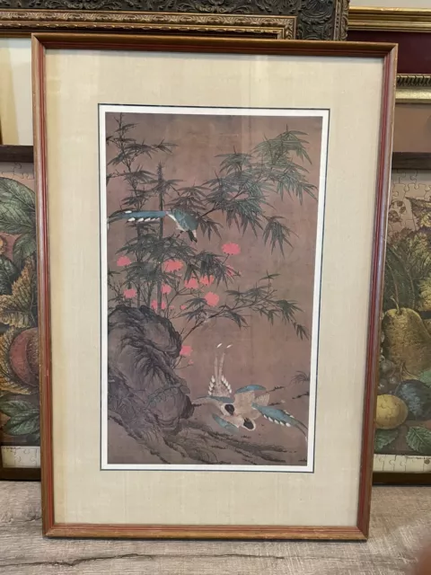 Framed Matted Under Glass Chinese3 Magpies and Spring Ink Color on Silk Painting