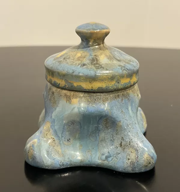 PIERREFONDS POTTERY France c.1900 Blue Glaze Stoneware Inkwell Antique RARE