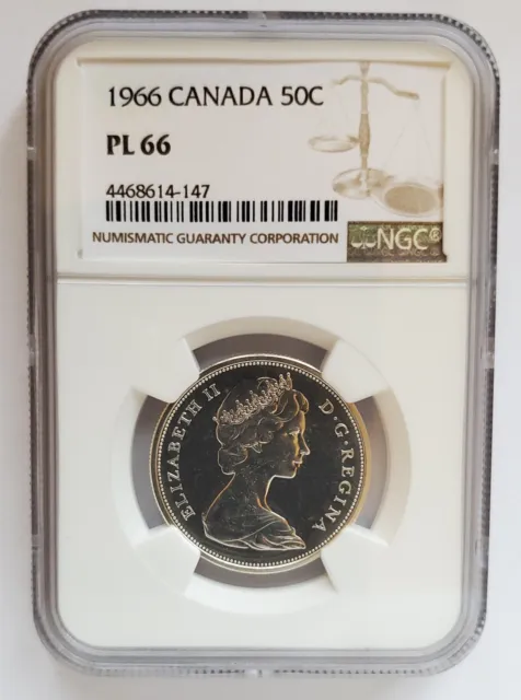 1966 Canada Silver 50 Cent - Ngc Certified Pl66 - Qeii Half Dollar Coin