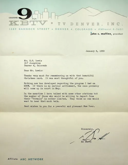 1960 Letter From Kbtv Denver To Christmas Card Sender - E14-J