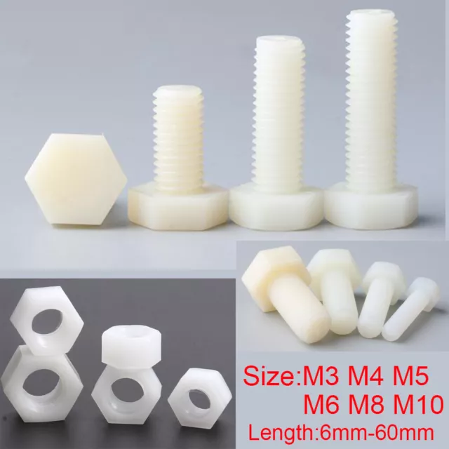 M3 M4 M5 M6 M8 M10 White Nylon Plastic Hex Screw Bolts Nut Hexagon Head Screws