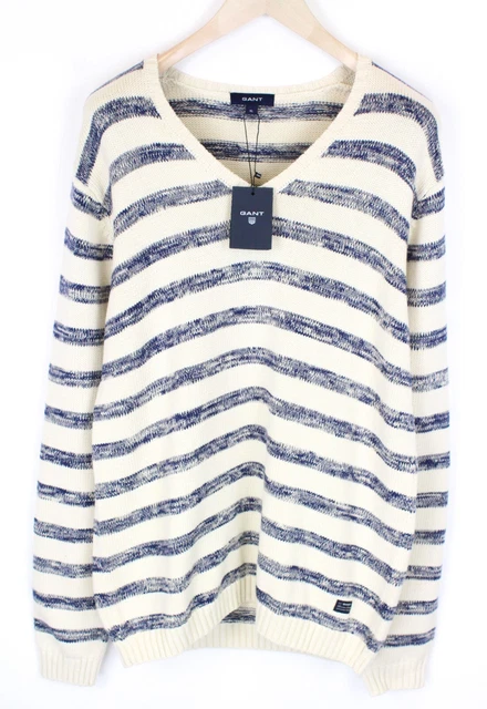 Gant XL Uomo Maglione Marinaio a Righe Scollo V Maglia Melange Avorio Cotone