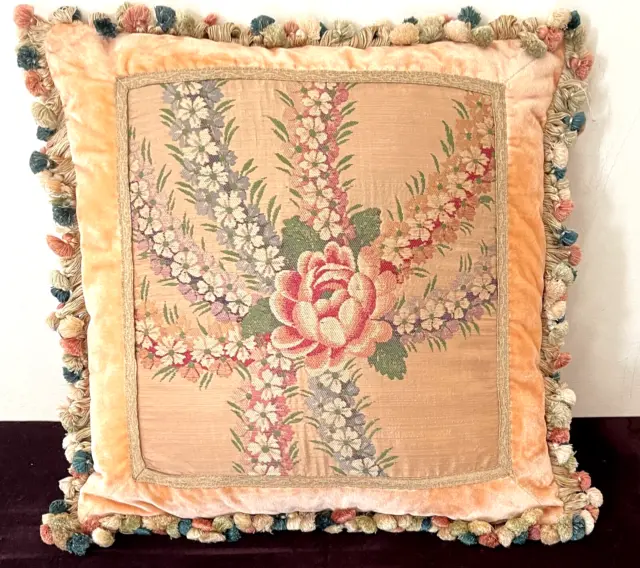 Antique High End Decorator French Silk Brocade and Velvet Throw Pillow  YY757