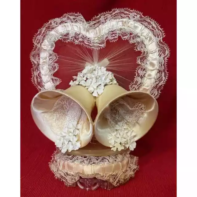 Vintage Heart Wedding Cake Topper with Bells Lace Flowers