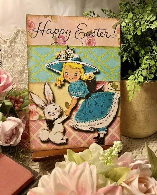 Happy Easter, Little Girl & Bunny, Retro HANDCRAFTED Plaque / Sign