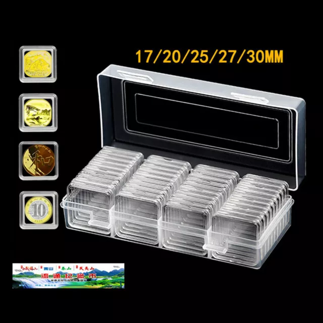 40Pcs Square Clear Coin Capsules Holder Container DIY 17-30mm w/Storage Box Case