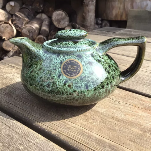 Vintage Fosters Studio Pottery Cornwall Small Green Drip Glaze Teapot - 500ml