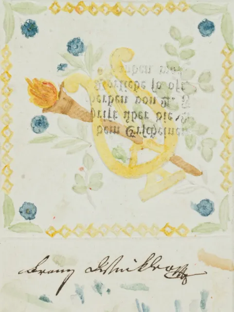 Glückwunschkarte. Lyra, Fackel, Blumen, um 1840, Glückwunsch Unbekannt (19.Jhd)