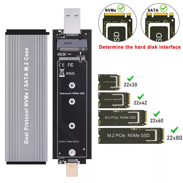 M.2 NVMe PCI-E SSD to USB 3.2 Type-C Enclosure Case Converter Adapter M/ B+M Key