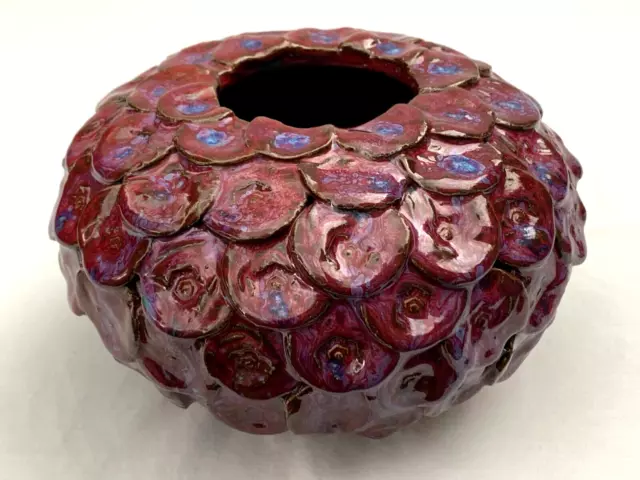 Purple Violet Leaf L.e.m. Studio Pottery Art Vase Signed Lem Leafy Round Oval