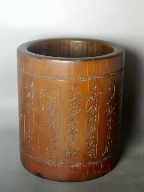 6.6” Old Chinese Bamboo Hand Carved Calligraphy brush pot Table ornament antique