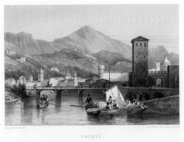 Trient, Trento, Südtirol, Italien, Original-Stahlstich von ca. 1850