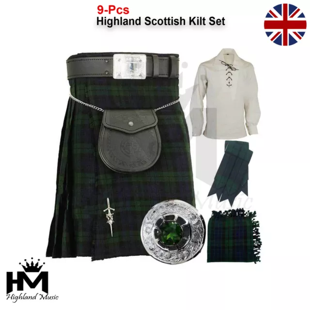 9 Pcs Package of Highland Scottish Outfit Black Watch Tartan Ghillie Shirt White