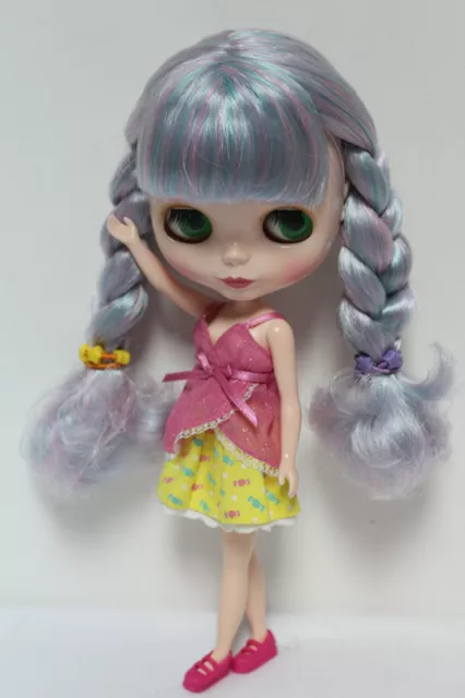 New 12" Takara Blythe From factory Nude Doll Blue Mix Pink Curly Hair With Bang