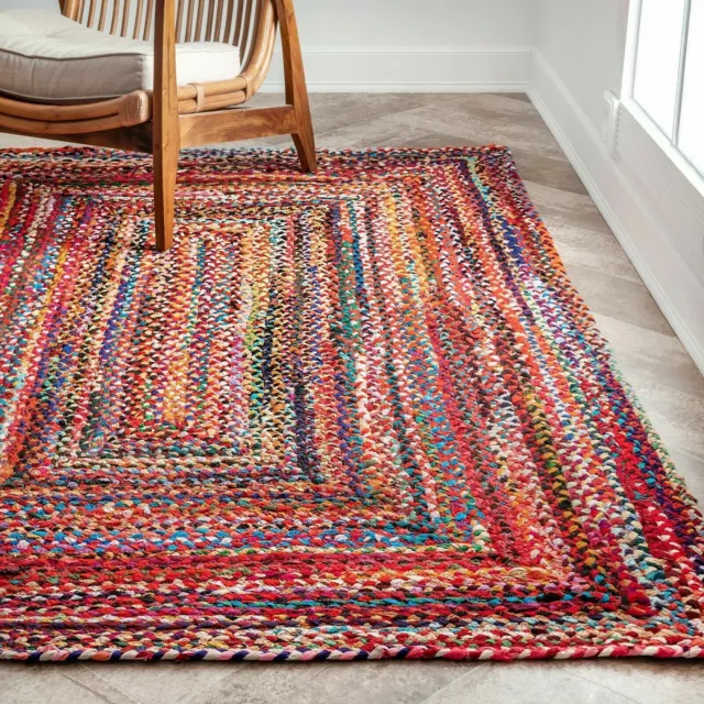 nuLOOM Hand Made Bohemian Braided Cotton Area Rug in Multi Color Chindi