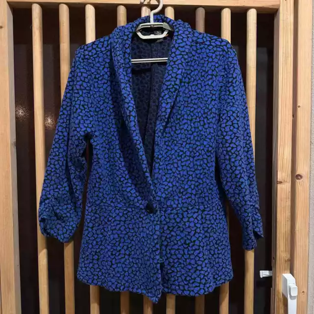 Style co Women Jacket Blazer XL Blue Black All Over Pattern Ruched Sleeve