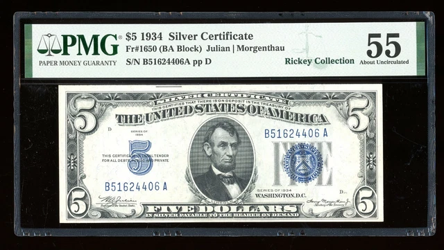 DBR 1934 $5 Silver Fr. 1650 BA Block PMG 55 Serial B51624406A