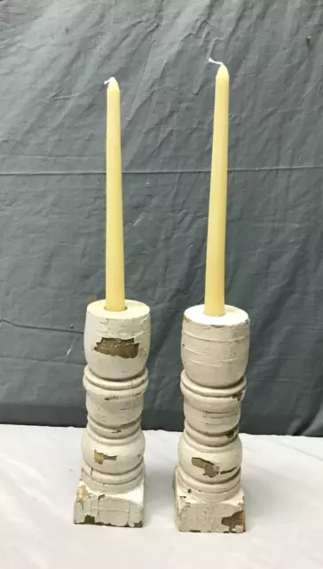 Pair 10" Turned Wood Shabby White Spindles Candle Stick Holders Old VTG 2059-23B