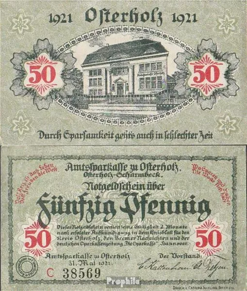 Banknoten Osterholz-Scharmbeck 1921 Notgeld: 50 Pf Notgeldschein der Amtssparkas