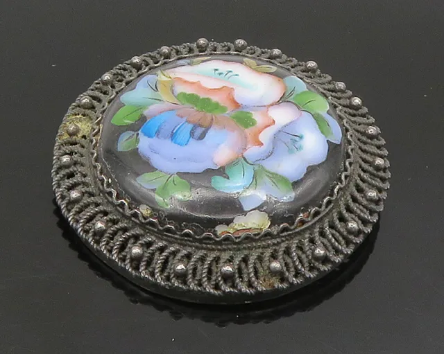 EUROPEAN 925 Sterling Silver - Vintage Enamel Floral Art Brooch Pin - BP9325