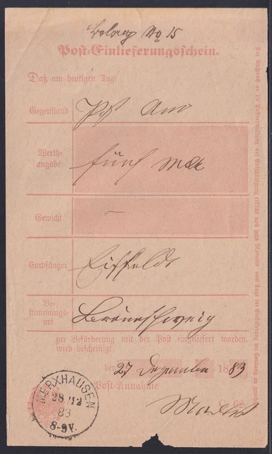 59311) MERXHAUSEN OPD Braunschweig neuer Postort *1874 Stempel 1883 Postschein