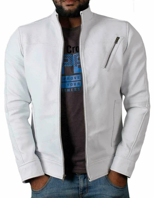 Men genuine lambskin leather Classic Look Solid Biker White Coat Jacket