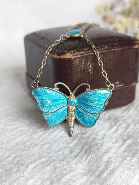 Antique 1915-1920 Charles Horner Enamel Butterfly Lavalier Pendant Necklace