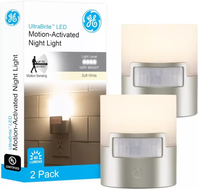 GE LED Motion Sensor Night Light, Plug into wall, 40 2 Pack, Silver 40 Lumens