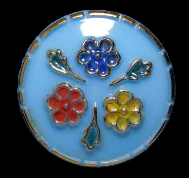 Antique Vtg Glass BUTTON # Tiny Hand Painted Flowers NICE #J1