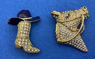 (2) Western Rhinestone Lapel Pins Brooch Button Cowboy Hat Boot Horse Rodeo