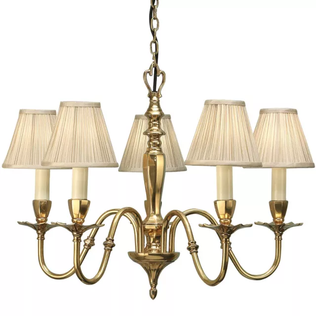 Luxury Hanging Ceiling Pendant Light Solid Brass & Beige Shade 5 Lamp Chandelier
