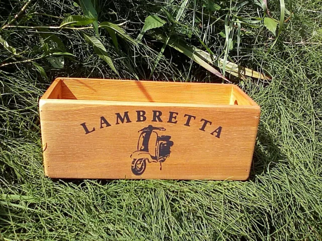 Vespa & Lambretta rustic wooden scooter storage box with cut out  handles. Gift.