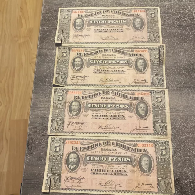 1914-1915 5 DIEZ PESOS EL ESTADO DE CHIHUAHUA MEXICO BANKNOTE ABOUT UNC 4 Pieces