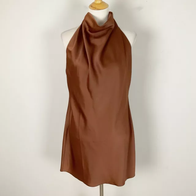 ASOS Size 4 Brown Cowl Neck SATIN FLOUNCE DRESS Open Back Women’s